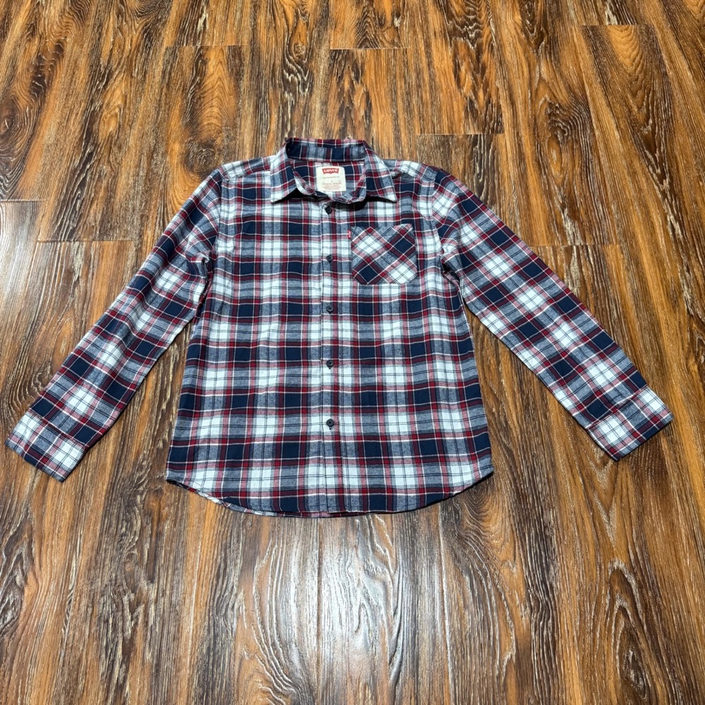 Levis Boys Navy Red White Plaid Long Sleeve Button Down Flannel Shirt L 12-13